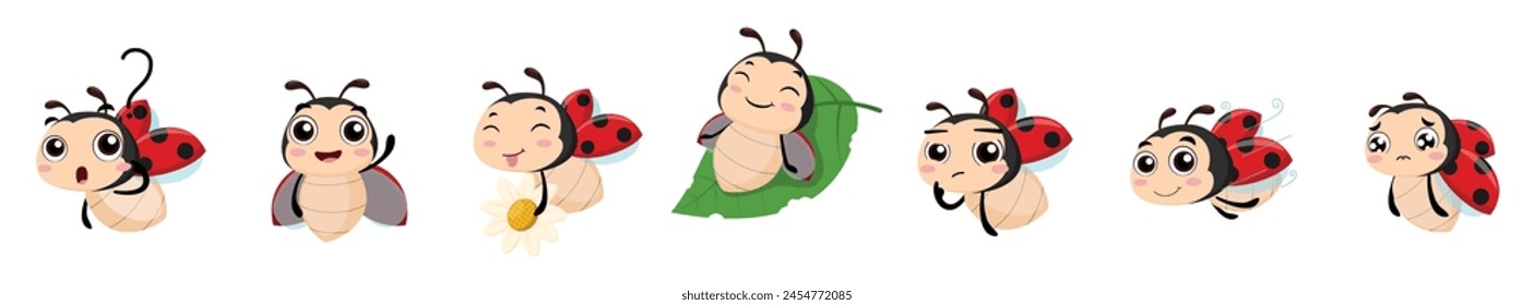 Set of cute ladybug cartoon with different expression