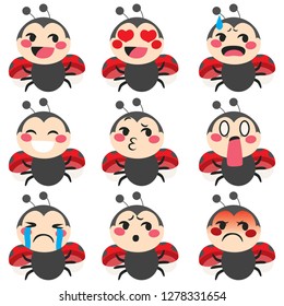 Set of cute ladybug mascot emoji different face expressions