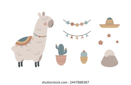 Set with cute lama. Lama, garland, cactus, sombrero, flower, mountain. For for kids design, fabric, wrapping, cards, textile, wallpaper, apparel. Isolated vector on white background.