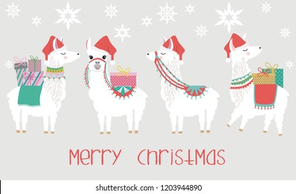 Set cute lamas and gift boxes. Merry Christmas illustration.  Editable vector illustration