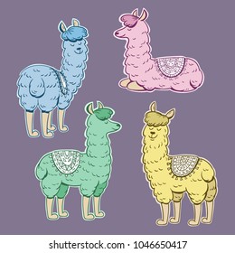 Set of cute lamas. Vector illustration.