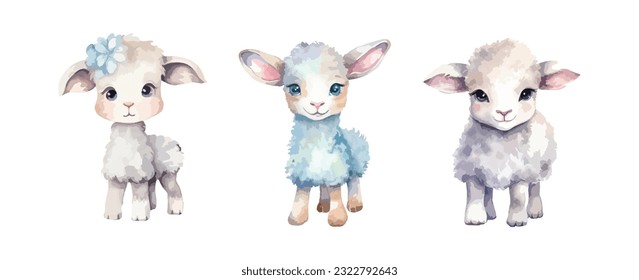 Set of cute lamb sheep farm animal watercolor isolated on white background. Vector illustration