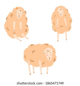 Set cute lambs on white background. Cartoon pink characters sit and stent in doodle vector illustration.