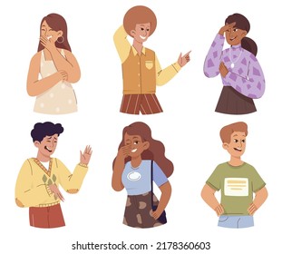 Set of cute laughing people. Funny men and women smile and laugh. Happy joyful characters express positive emotions. Cheerful teens. Cartoon flat vector collection isolated on white background