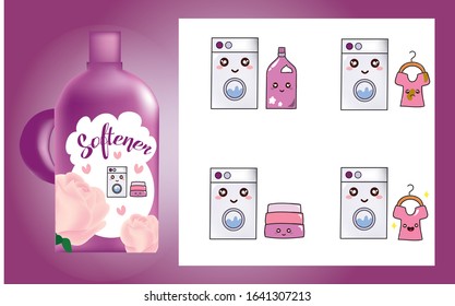 Set of cute laundry elements with softener packaging mockup vector