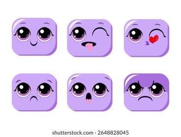 Set of cute lavender violets kawaii emoji faces – vector emoticon expressions with big eyes