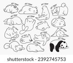 Set of cute lazy animals. Collection of pets lying around resting with the inscription "not today."  Logotype. Relaxing animal. Vector illustration on white background.