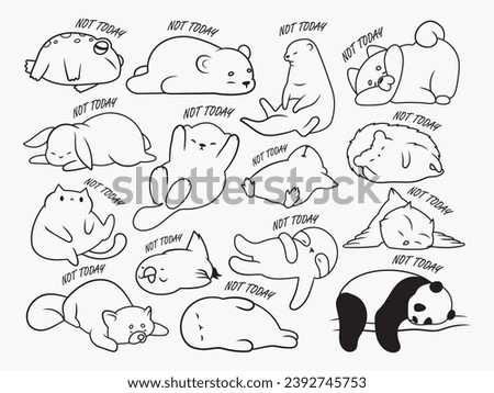 Set of cute lazy animals. Collection of pets lying around resting with the inscription "not today."  Logotype. Relaxing animal. Vector illustration on white background.