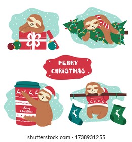 Set of cute lazy festive christmas sloth and decor vector illustration. Animal in knitted sweater hug xmas tree cup of hot chocolate and present box flat style. Text on red sign. Isolated on white