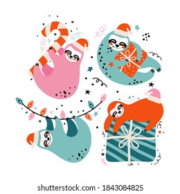 Set cute lazy sloths in Santa Claus costumes with gifts, sweets and festive elements. Merry Christmas and Happy New year greeting card. Cartoon character  funny bears. Holiday vector illustration