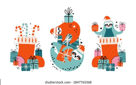 Set cute lazy sloths in Santa Claus hat with lots of gifts, candies and festive elements. Merry Christmas and Happy New year card or banner. Cartoon character bears. Illustration in Scandinavian style