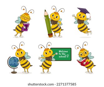 Juego de abejas de aprendizaje. Mascota Wasp con libro, globo, lápiz, pizarra y gorro de graduación. De vuelta a la escuela. Educación y estudio. Colección vectorial plana de dibujos animados aislada en fondo blanco