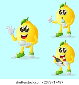 Set of cute lemon characters enjoying beverages. Perfect for kids, merchandise and sticker, banner promotion or blog
