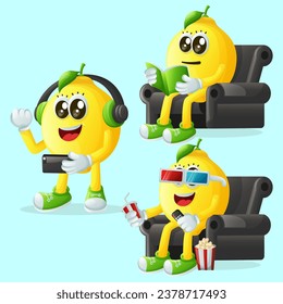 Set of cute lemon characters enjoying leisure activities. Perfect for kids, merchandise and sticker, banner promotion or blog
