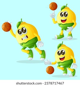 Set of cute lemon characters playing basketball. Perfect for kids, merchandise and sticker, banner promotion or blog

