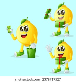 Set of cute lemon characters receiving gifts. Perfect for kids, merchandise and sticker, banner promotion or blog

