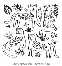 A set of cute leopards in different poses surrounded by tropical plants. Vector illustration for your design in doodle style
