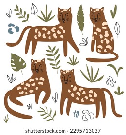 A set of cute leopards in different poses surrounded by tropical plants. Vector illustration for your design