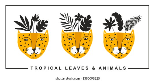 Set of cute leopards faces with black tropical leaves on the head. Vector print in modern scandinavian style.