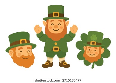 Set of cute leprechaun characters and faces for Saint Patrick festive Irish vector clipart.