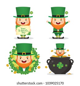 Set of cute leprechaun with pot of gold coin and clover isolated on white. Saint patrick's day character design in flat vector style. 17 march.