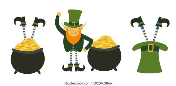 Set of cute Leprechauns. Design element on Saint Patrick's Day. Leprechauns legs stick out of the hat and pot of gold. Cartoon Vector illustration Isolated on white background.