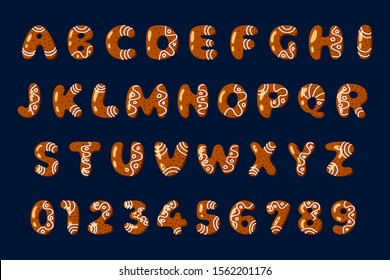 Set cute letters in form of cookies. Edible alphabet. Glazed Christmas food gingerbread collection. Sweet biscuit alphabet with frosting. Figures decorated icing sugar. Flat style vector illustration