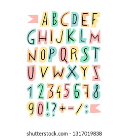 Set of cute letters, numbers and symbols. Hand drawn graphic font. Vector letters set. Fun style with decorations. For nursery, birthday invitation, children's party.