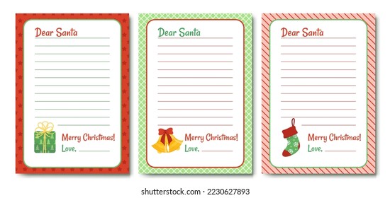 Set of cute letters to Santa Claus from child. Wishlist, blank. Christmas letter. Flat, cartoon. Isolated vector illustration eps 10