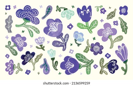 Set of cute lilac watercolor flowers. Children's hand-drawn illustration.