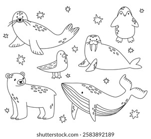 Set of cute line arctic animals. Wild polar outline animals in cartoon style.