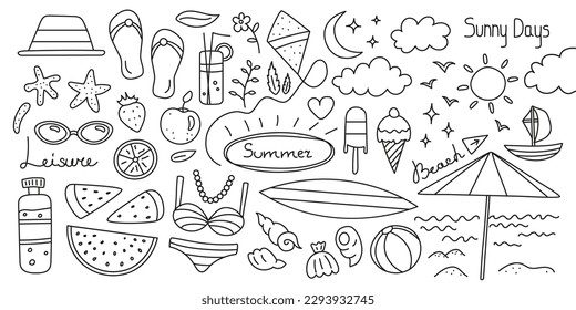 Set of cute line art summer seasonal doodles with leisure objects and decorative elements.