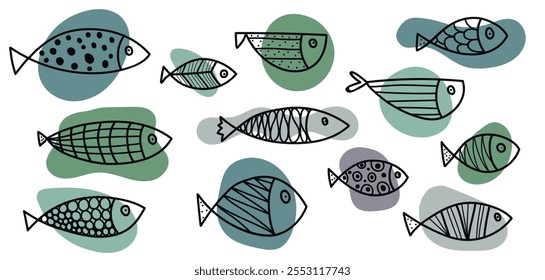 Set of cute line black and white fish. Vector illustration