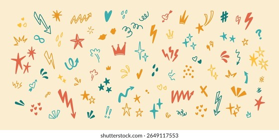Set of cute line doodle design elements. Hand drawn sketch vector illustration. Colorful arrow, crown, bling, twinkle, star, heart, lightning shapes. Kid, Birthday celebration confetti background