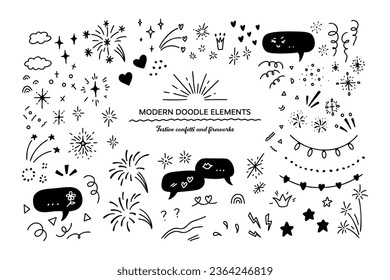 Set of cute line doodle elements for birthday, anniversary, Christmas, party kids and children invitation, poster, decoration. Lightning, explosion, sunburst, fireworks, bling, motion effects