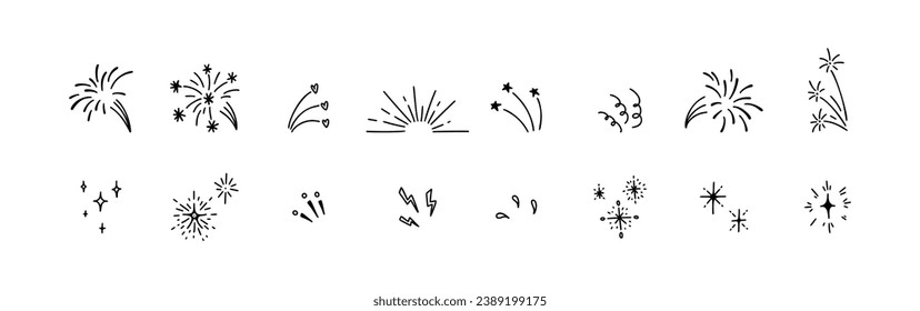 Set of cute line doodle elements for birthday, anniversary, Christmas, party kids and children invitation, poster, decoration. Lightning, explosion, sunburst, fireworks, bling, motion effects