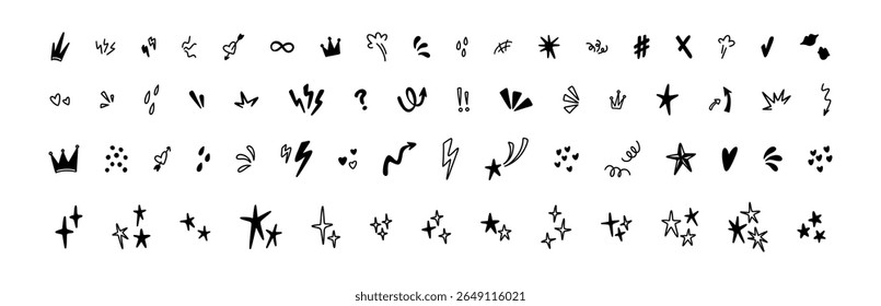 Conjunto de linha bonito doodle mão desenhado ícones no estilo mangá japonês. Movimento cômico, movimento, magia, efeito twinkle. Ingênuo infantil brincalhão chicote de lápis de cera. Faísca, confete, estrelas, formas cardíacas