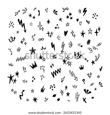 Set of cute line doodle icon and stickers. Japanese manga style. Crayon whimsical playful drawings for birthday, Christmas, New Year designs. Star, heart, twinkle, glitter. Emo grunge graffiti