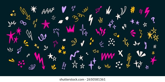 Set of cute line doodle sketch icons. Arrow, star, heart, crown, exclamation mark, twinkle, glitter confetti child crayon scribbles. Punk rock music neon graphic background. Emo goth hand drawn poster