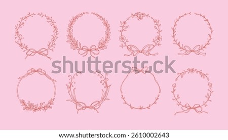 Set of cute line doodle spring botany frames. Hand drawn sketch floral summer wreath. Coquette style decoration for wedding, birthday, bachelorette party invitation. Bow ribbon whimsical pink border