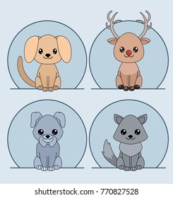 Set of cute linear cartoon dogs and deer. Vector element for your creativity