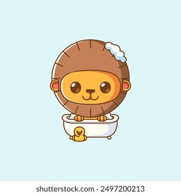 set Cute lion bathing time in bathtub kawaii chibi character mascot illustration outline style design