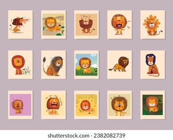 Set of cute lion cartoon flat icon character vector illustration. Zoo animal collection.