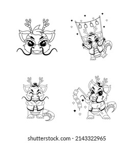 Set of cute lion cartoon with traditional clothes Zodiac sign Vector illustration