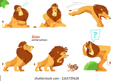 Set Of Cute Lion Character With Different Action Poses, Isolated On White Background