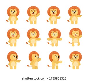 Set of cute lion character showing various gestures, poses. Cartoon lion celebrating, pointing, greeting, showing thumb up and other gestures. Vector illustration