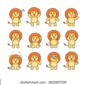 Set of cute lion character showing various emotions, poses. Cartoon lion thinking, crying, sleeping, angry and showing other expressions. Vector illustration