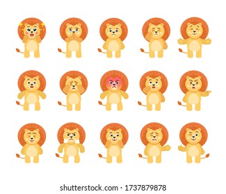Set of cute lion characters showing various emotions. Cartoon lion crying, begging, sad, angry, suspicious, happy and showing other expressions. Vector illustration