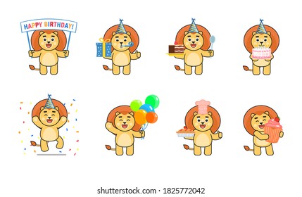 Set of cute lion characters showing various birthday party actions. Cheerful lion holding gift box, cake, balloons, banner, cupcake and other situations. Vector illustration bundle