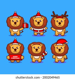Set of cute lion with Christmas costume and decoration
